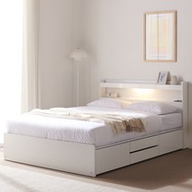 바로방가구 샤인 LED 수납형 서랍형 슈퍼싱글 퀸 침대 프레임 ss q, 퀸(Q)/4단서랍형(본넬매트포함), 화이트