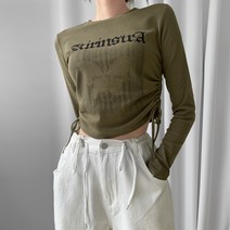 티데일리 여성용 나비 프린팅 끈 셔링 긴팔 티셔츠