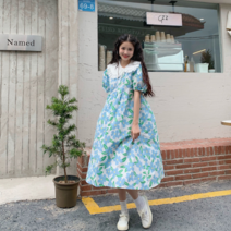 포린박스 귀여운 A라인 오버핏 꽃 무늬 복고풍 롱 원피스 SH