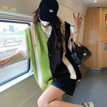 여자친구 선물 그린 카키 빅사이즈 배색 니트 루즈핏 패션 민소매 아우터 나시 가디건 상의