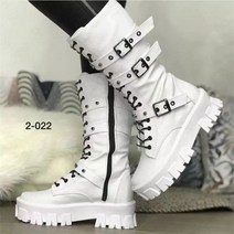 여성 패딩 롱 부츠 승마 바이커 소 가죽 양 두꺼운 밑창 가을과 겨울 새로운 그물 레드 라운드 헤드 벨트 버클 오토바이 패션 대형 사이즈