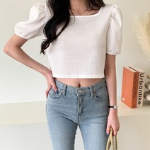 치코엘라 ㅡ 잇콰메 골지 퍼프 크롭 반팔 블라우스