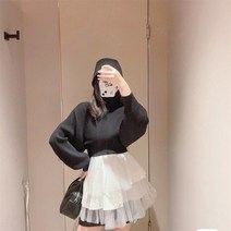 스웨터 Ninimon 터틀넥 점퍼 캐미솔 메쉬 스커트 두 조각 세트 겨울 뜨개질 니트