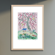 제주생활의 중도 (150 Editions )Fruit In Pink 이왈종 판화, (원목)관액자베이지