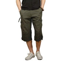 Cargo Shorts 남성용 3/4 카프리 반바지 무릎 아래 면 캐주얼 긴 안쪽 솔기 운동용 멀티 포켓 포함(벨트 없음) 1219# 옐로우 올리브 33