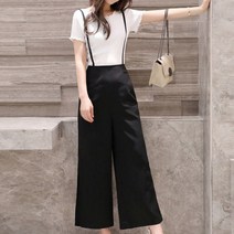 쁘띠꼬모 여성용 일자 멜빵 와이드 점프수트 반팔 티셔츠 세트