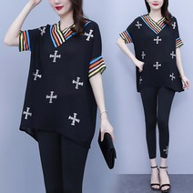 티티웍스 브이넥 큐빅 스트라이프 가오리 배색 쉬폰 블라우스 + 밴딩 쫄 레깅스 바지 투피스 세트