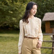 여성 긴팔 레이스 블라우스 라운드넥 루즈한 셔츠 플리츠 디자인 자카드 살구색 상의 가을