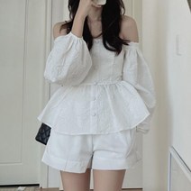 [랜덤플레이]오프숄더 단추 허리슬림 긴팔 블라우스