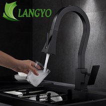 LANGYO 주방 싱크 Faucts 콜드 핫 믹서 스위블 스파우트 스프레이 어 탭을 꺼내 갑판 마운트 솔리드 브래스, BLACK