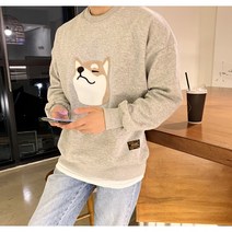 1+1=45 900 시바견 커플 기모 로고 패치 면 긴팔 세미 오버핏 맨투맨