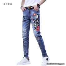 SQ@자수 데님 팬츠 남 슬림 스판 팬츠 뉴타임즈 L319R588