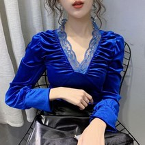 [하나비] 구밍 여성 가을 브이넥 레이스 주름 펀칭 럭셔리 블라우스