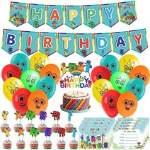Numberblocks 파티 장식 세트 61피스 넘버블록 생일 파티 용품 생일 축하 배너 풍선 케이크 토퍼 컵케이크 토퍼 넘버블록 테마 파티용 초대장 카드 포함