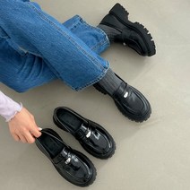 슈레 국내제작 통굽 키높이 여성용 로퍼 5cm 에나멜 미들힐 단화 블랙