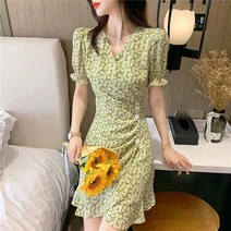 브이넥 단추 퍼프소매 여 플라워 원피스 슬림소녀
