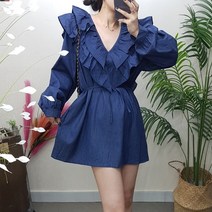 제이후 청 루즈핏 브이넥 프릴 허리끈 A라인 플레어 데님 미니 원피스 (연청 진청)
