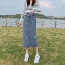 블랙 트임 데님스커트 여성 여름 2022 하이웨이스트 날씬해 보이는 하프기장 뱃살커버 힙랩