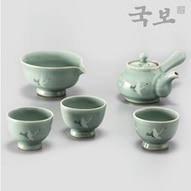 [국보] 강진 청자 상감 운학문 다기 세트(3인 5인), 전통오동나무 포장, 3인