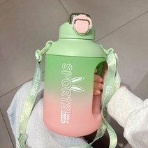 1100ML/1600ML 헬스 요가 운동 대용량 휴대용 물통 다이어트 쉐이커 실리콘 빨대 컬러 그라데이션 보틀 물병+어깨끈+3D 스티커 3종세트, 그린, 1600ML