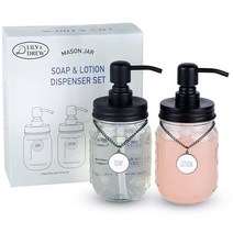 Lily & Drew 메이슨 병 비누 디스펜서 및 로션 세트 주방 또는 욕실용 (2) 태그 스테인리스 스틸 펌프 포함 (블랙), Black