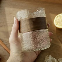 1개 300ml 내열 유리 패턴 유리컵 유리 물컵 우드 홀더 투명 티컵 업소 카페 물컵, 단품, 단품