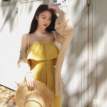 여성 오프 숄더 끈 민소매 점프수트 여름 나시 멜빵 바지 프릴 롱 원피스