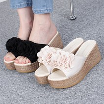 강북오빠 여성 M521꽃 플라워 패브릭 장식 통굽 6.7CM 키높이 사무실 슬리퍼