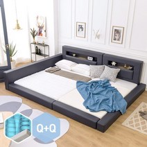 고릴라가구 허그 LED 패밀리침대 [한쪽가드형Q+Q]+독립 폼텍스20매트 포함, 딥네이비