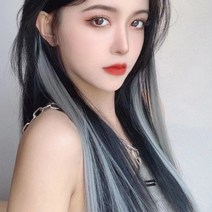 여성 일자 가발 컬러 브릿지 붙임 가발 헤어 피스, 애쉬카키
