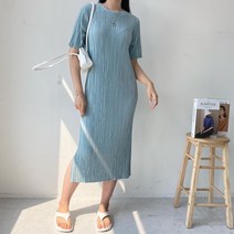 여름 라운드 비비드 플리츠 주름 지지미 냉장고 스판 홈웨어 롱 반팔 원피스 7color