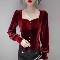 벨벳 블라우스 여성 겨울 남방 기모 셔츠 빈티지 레이디 프랑스 궁전 따뜻한 기본 파티 탑 스퀘어 칼라 긴 퍼프 슬리브