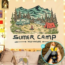 전세집 중문 대용 캠핑 풍경 2미터 배경 패브릭 커튼 6미터 조명 세트, H15-9 강변 통나무집 텐트