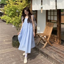DFMEI 부드러운 스퀘어넥 상큼 롱스커트 여 여름 솔리드 리본 초선나시 원피스