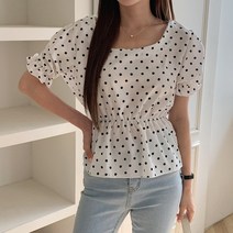 네쥬 여성 여름 라운드 도트 예쁜 반팔 프릴 블라우스