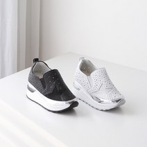 프리티슈 여성 가죽 별 핫픽스 펀칭 키높이 슬립온 운동화 4cm