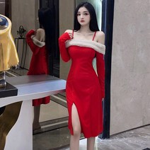 Gege-봄 사교계 명사 긴 소매 오프 숄더 오프숄더 칼라 가슴 강조형 모피 미디 드레스 여성용 스플릿 슬