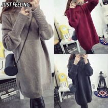 JUSTFEELING 여성 터틀넥 미디 니트 롱 스웨터 루즈핏 가을겨울 풀오버 원피스 빅사이즈