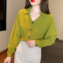 아보카도 그린 쉬폰 프렌치 미니 상의 긴팔 셔츠 여 디자인 기질 셔츠 봄