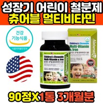 어린이 유아 성장기 멀티비타민 + 철분제 엽산 90정 씹어먹는 츄어블 영양제 식약처인증 코스트코 미국 직구 고함량 프리미엄 가용성헴철