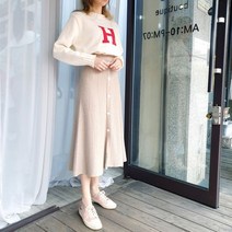 도도스타일 쉘비 단추 앞트임 니트 플레어 키작녀롱스커트