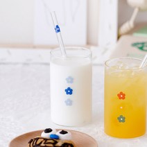 레트로유리컵 빨대세트 꽃무늬 유리컵 300ml, 블루, 1개
