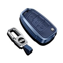 HIBEYO 아우디 A1 A3 Q3 Q7 R8 A6L TT와 호환되는 키 포브 커버 케이스 프리미엄 알루미늄 합금 가죽 전체 보호 쉘 플립 3버튼 2021 자동차 홀더-블루