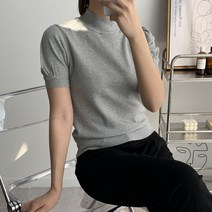 뜨개진 여성용 숄더 퍼프 제네러스 반폴라 반팔 니트