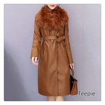티피 인조 모피 칼라 가을과 겨울 PU 가죽 재킷 여자 기모 추가 두껍게 하다 중간 길이 슬림핏 허리를 조이다 코트빅 사이즈
