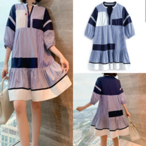 스트라이프 밑단프릴 줄지 루즈핏 브이넥 여름 원피스