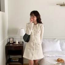 레몬플레버 센테마 라운드 진주 버튼 포켓 트위드 미니 원피스 - 2Color
