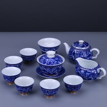 가정용 청화자기 다도 거실 차컵 작은 심플 고급 만채 다기세트, T07-금 지금 11헤드 찻주전자 뚜껑있는찻잔