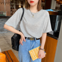 vsyoy 아이스 실크 티셔츠 여성 여름 짧은 소매 2022 새로운 느슨한 단색 반소매 셔츠 면 린넨 둥근 목 얇은 탑