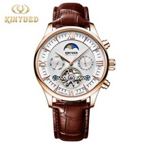 남자 여성 손목 시계 Kinyued-신제품 남성용 럭셔리 자동 기계식 문페이즈 플라이휠 스켈레톤 가죽 스트랩 방수 남성 손목시계